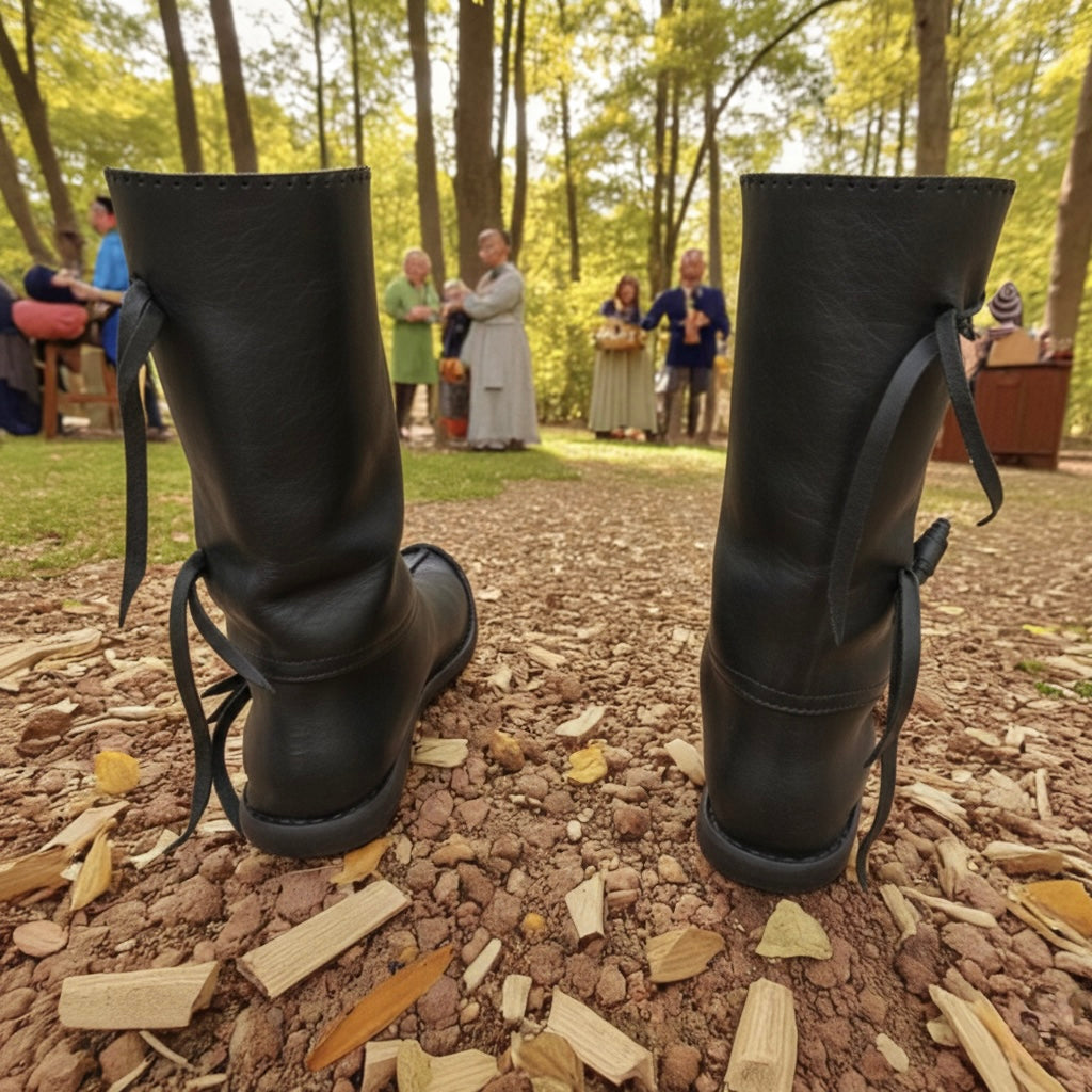 Black medieval leather boots displayed outdoors, perfect for any historical reenactment or costume, showcasing Medieval Leather Boots.