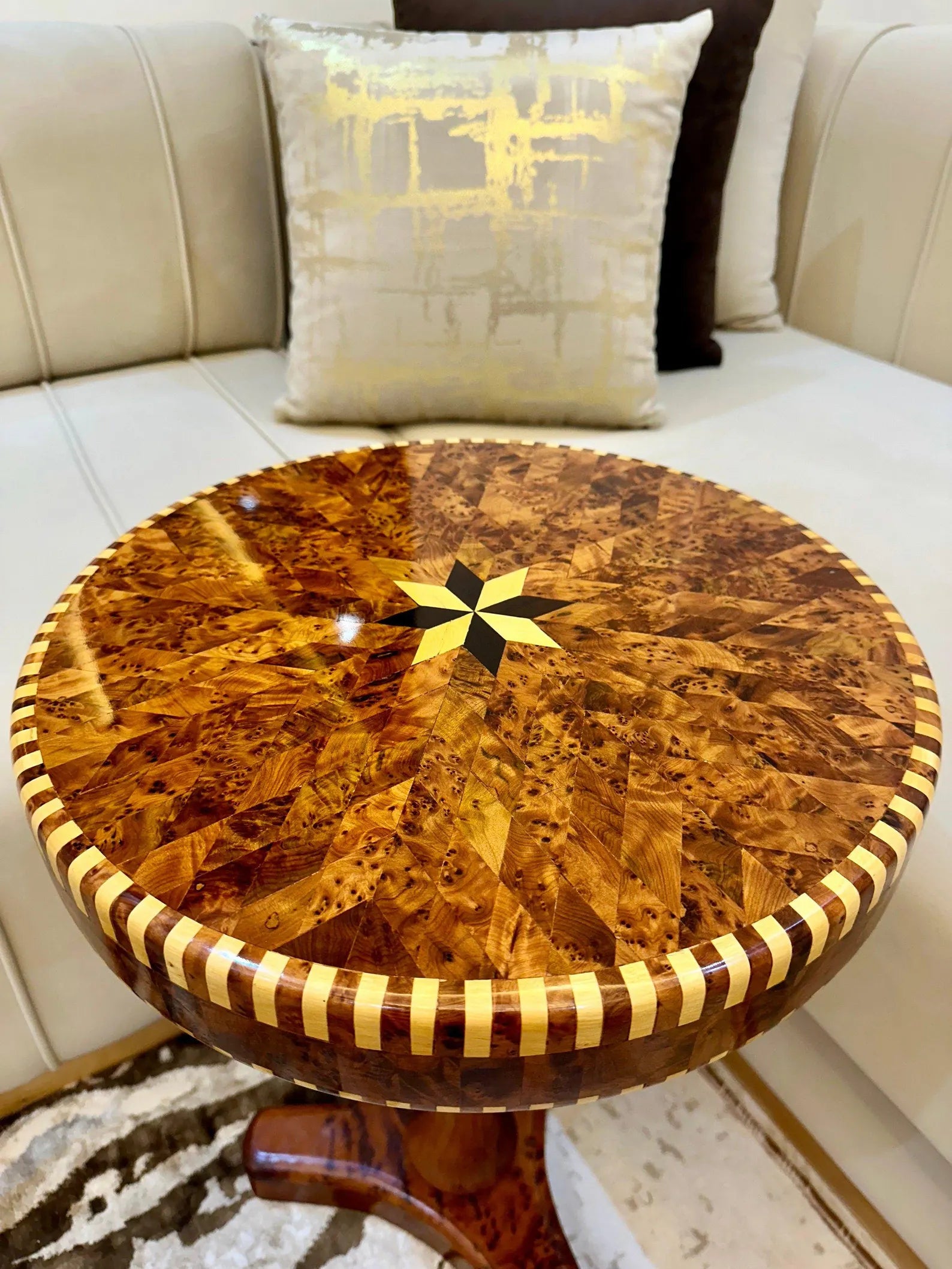 Moroccan Round Coffee Table – Lemon & Thuya Wood Inlay - AtlasMuse