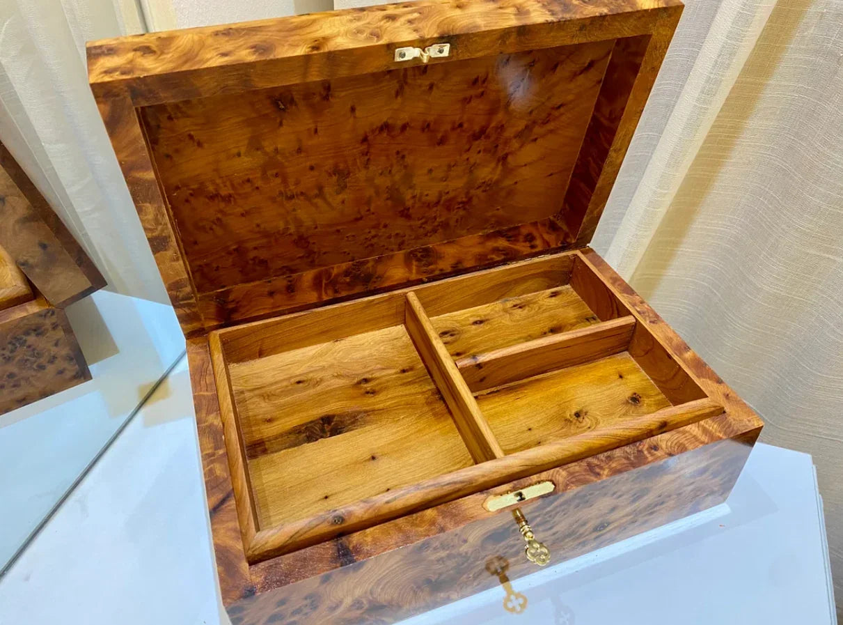 Burl Wood Box Organizer with Lock - AtlasMuseCrafts