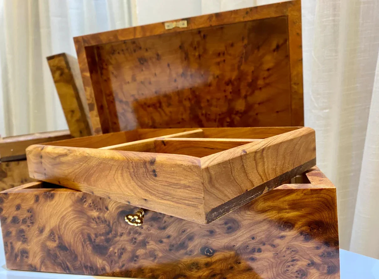 Burl Wood Box Organizer with Lock - AtlasMuseCrafts
