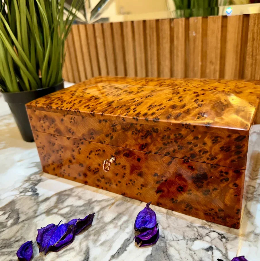 Lockable Thuya Wood Jewelry Box Handmade Moroccan Organizer with Key - AtlasMuseCrafts