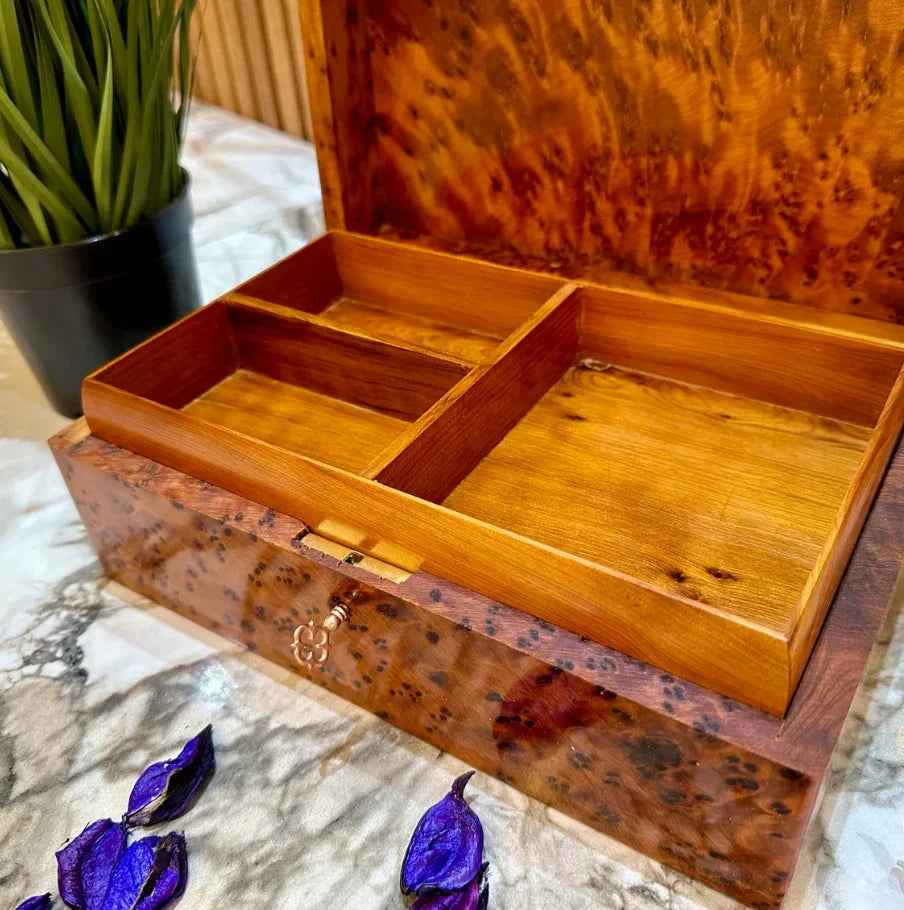Lockable Thuya Wood Jewelry Box Handmade Moroccan Organizer with Key - AtlasMuseCrafts