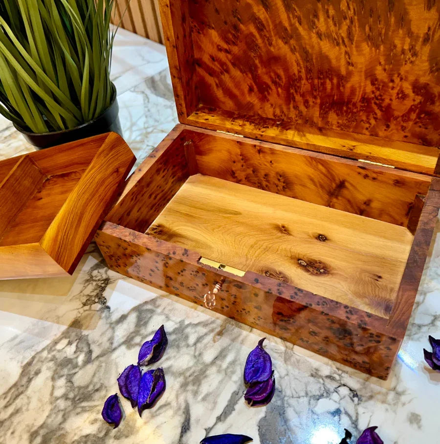 Lockable Thuya Wood Jewelry Box Handmade Moroccan Organizer with Key - AtlasMuseCrafts