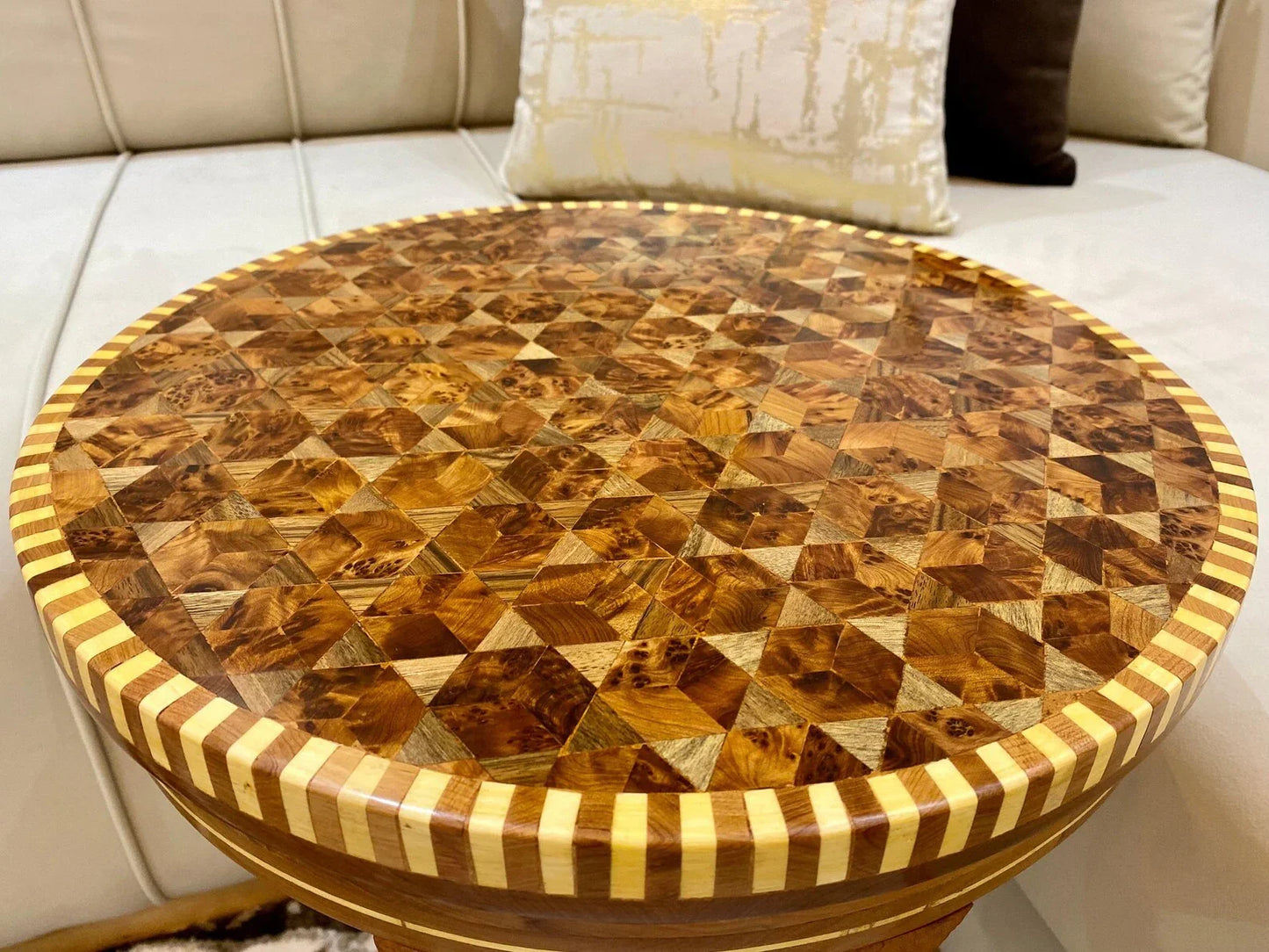 Hexagonal Thuya Wood Mosaic Table β Lemon & Walnut Inlay Coffee Table - AtlasMuseCrafts