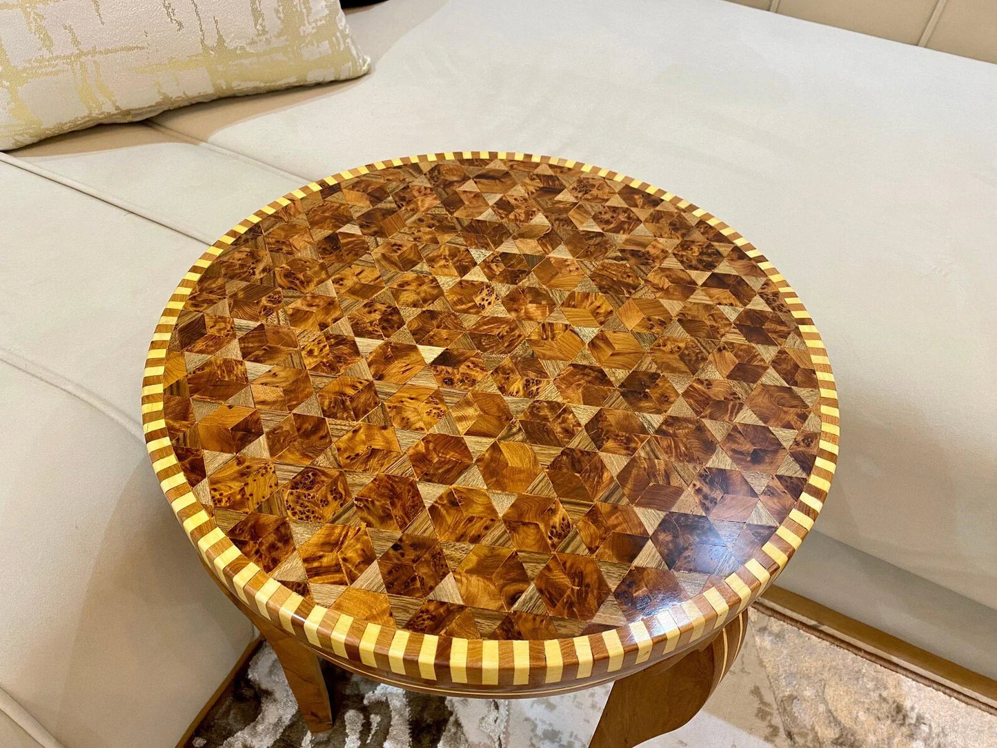 Hexagonal Thuya Wood Mosaic Table β Lemon & Walnut Inlay Coffee Table - AtlasMuseCrafts