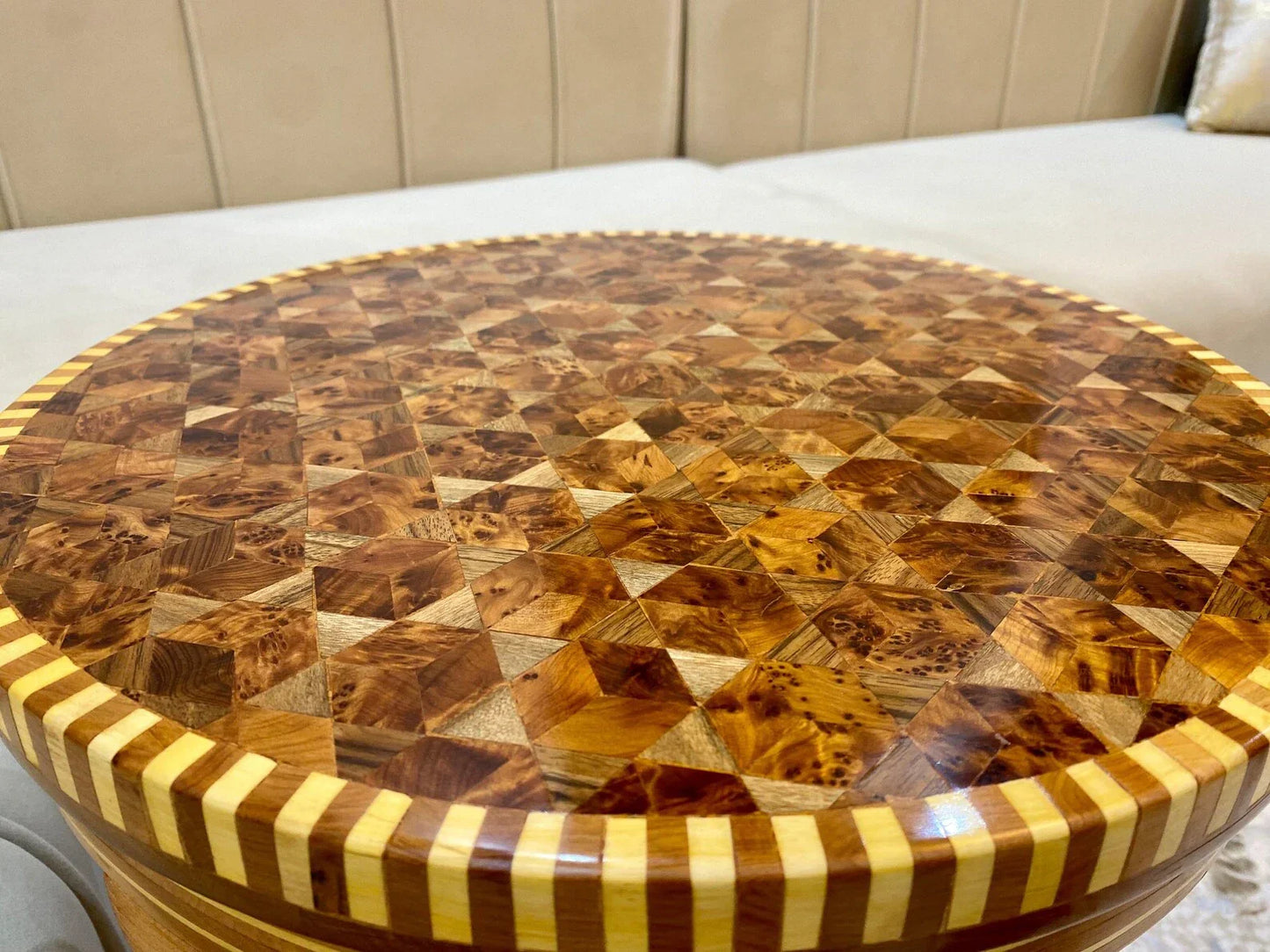 Hexagonal Thuya Wood Mosaic Table β Lemon & Walnut Inlay Coffee Table - AtlasMuseCrafts