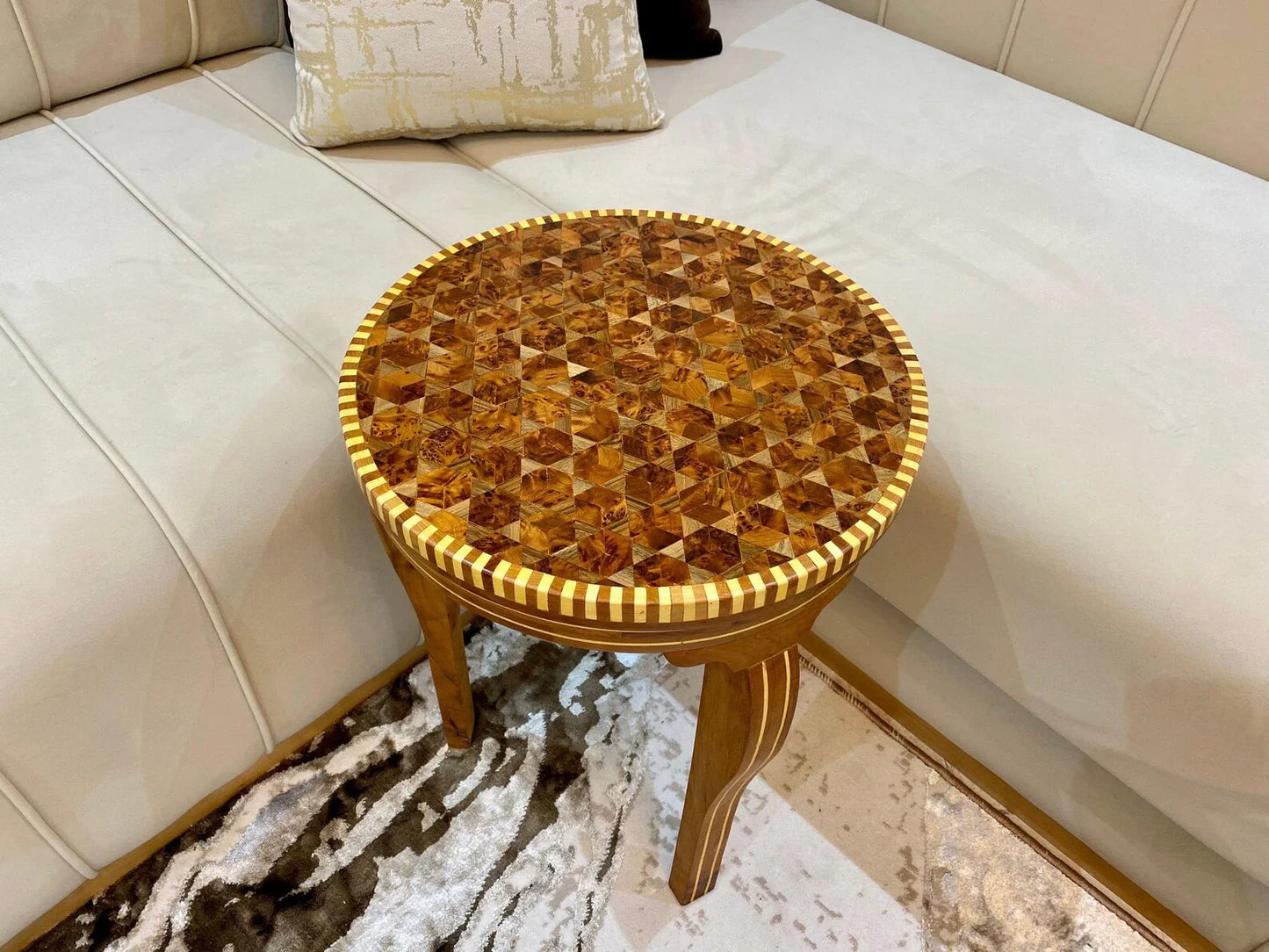 Hexagonal Thuya Wood Mosaic Table β Lemon & Walnut Inlay Coffee Table - AtlasMuseCrafts