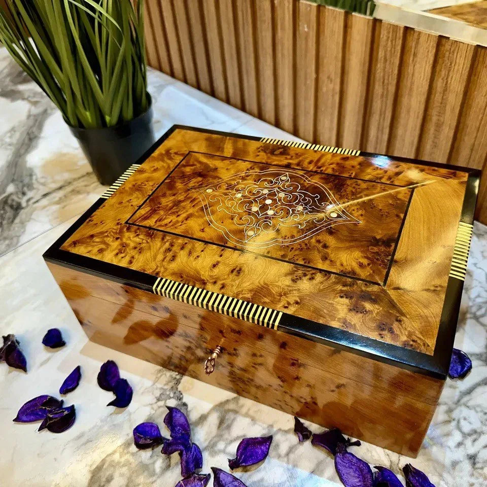 Luxury Burl Wood Jewelry Box Lockable Organizer Gift Box - AtlasMuseCrafts