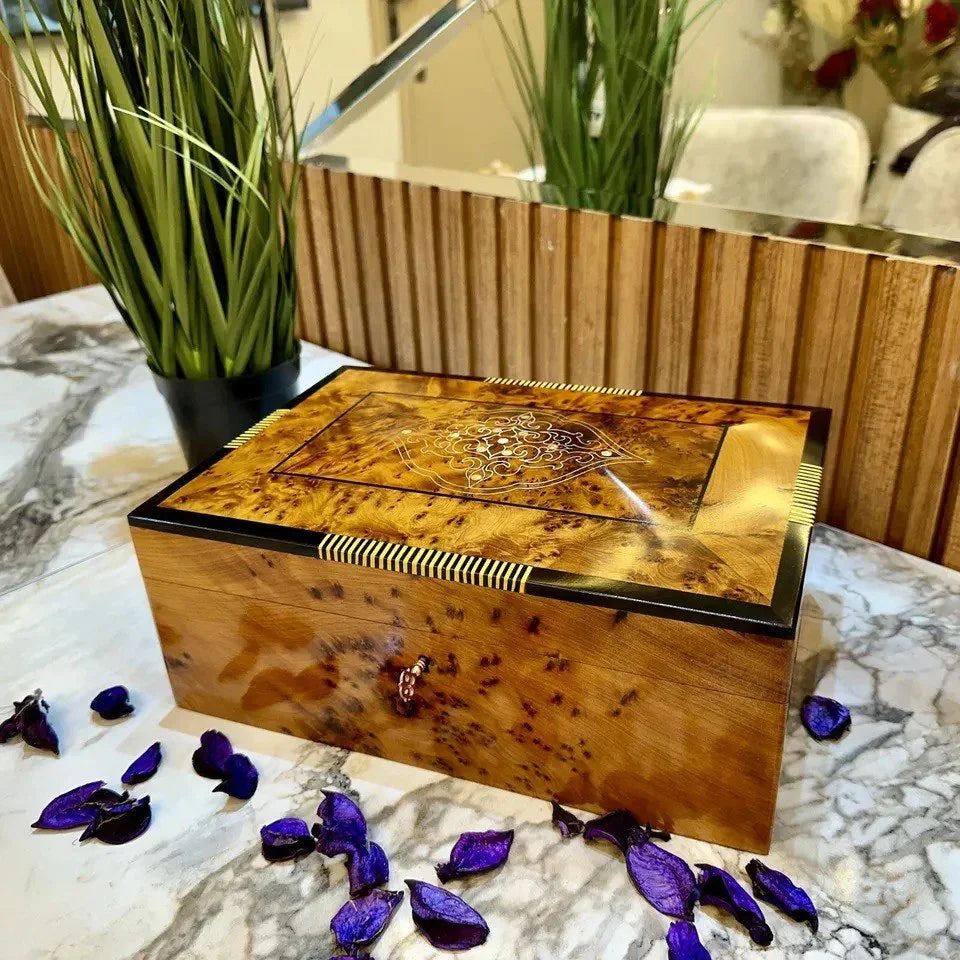 Luxury Burl Wood Jewelry Box Lockable Organizer Gift Box - AtlasMuseCrafts