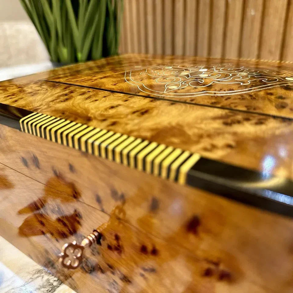 Luxury Burl Wood Jewelry Box Lockable Organizer Gift Box - AtlasMuseCrafts