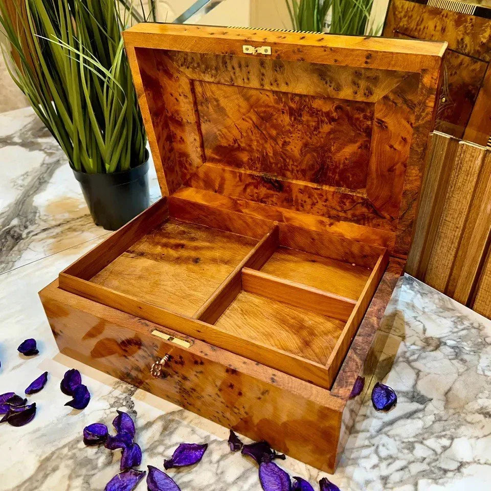 Luxury Burl Wood Jewelry Box Lockable Organizer Gift Box - AtlasMuseCrafts