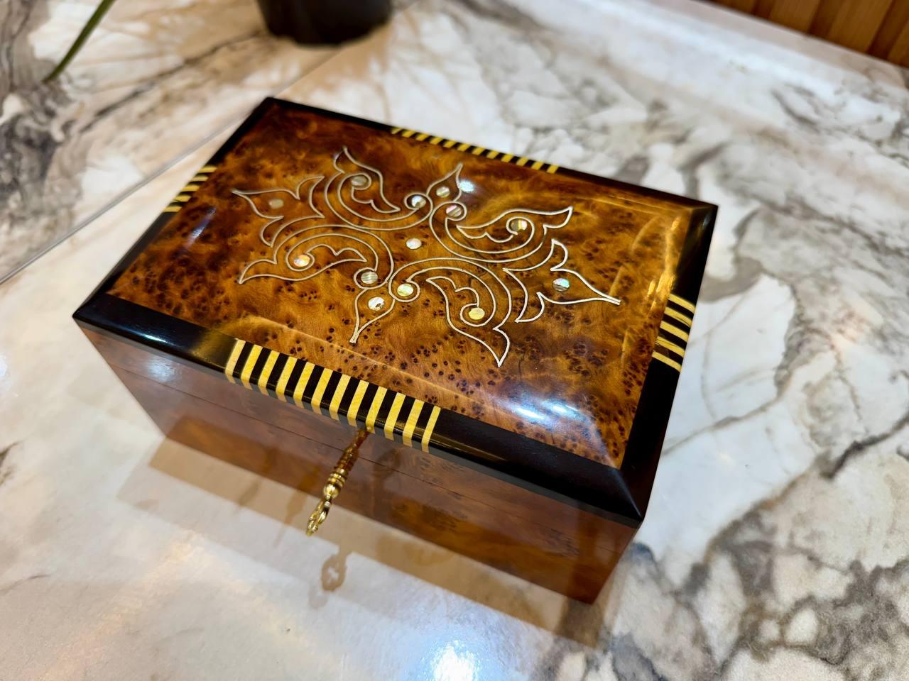 Moroccan Thuya Wood Jewelry Box Lockable Handmade - AtlasMuseCrafts
