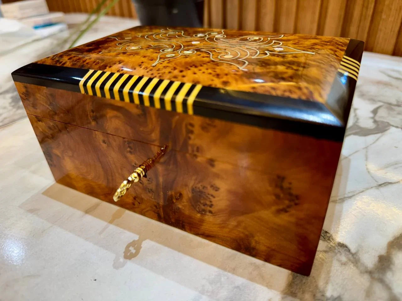 Moroccan Thuya Wood Jewelry Box Lockable Handmade - AtlasMuseCrafts