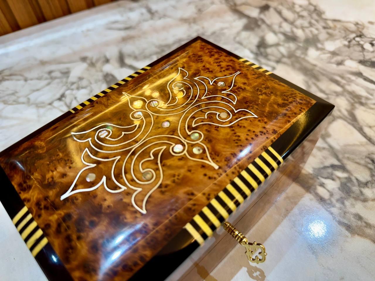 Moroccan Thuya Wood Jewelry Box Lockable Handmade - AtlasMuseCrafts