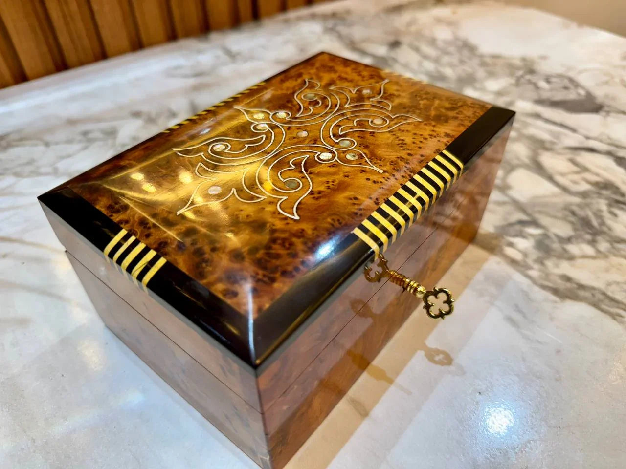 Moroccan Thuya Wood Jewelry Box Lockable Handmade - AtlasMuseCrafts