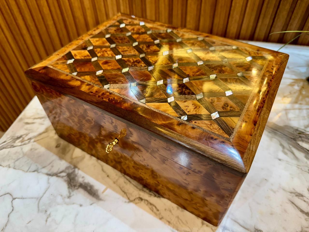 Large Moroccan Thuya Jewelry Box Lockable Organizer with Key - AtlasMuseCrafts
