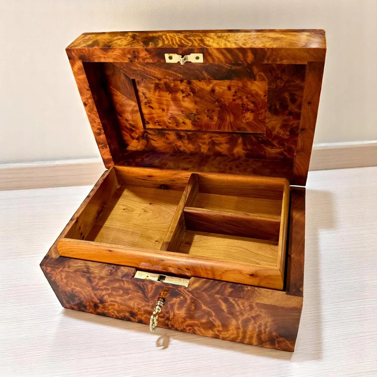 Luxury Handcrafted Burl Wooden Jewelry Box Organizer With Key - AtlasMuseCrafts