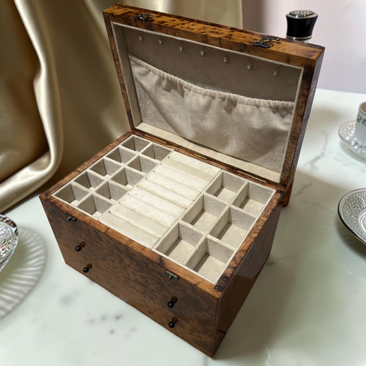 Handmade wooden jewelry box with velvet lining and brass lock