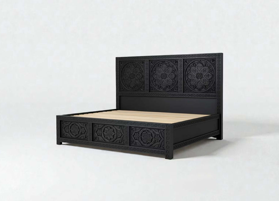 Custom solid wood Moroccan bed frame with carved headboard