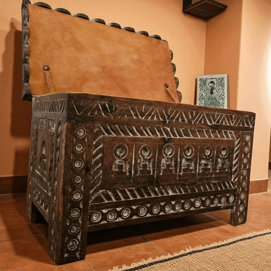 Handmade Moroccan wooden cabinet with carved storage doors