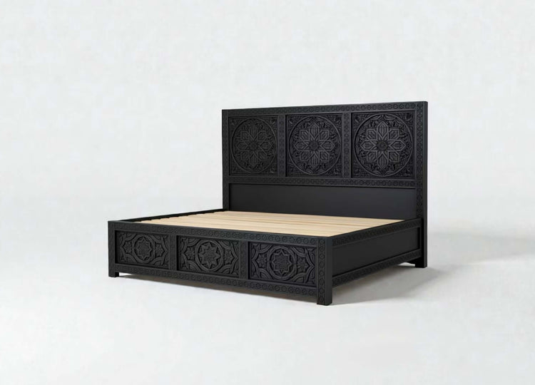 Custom solid wood Moroccan bed frame with carved headboard