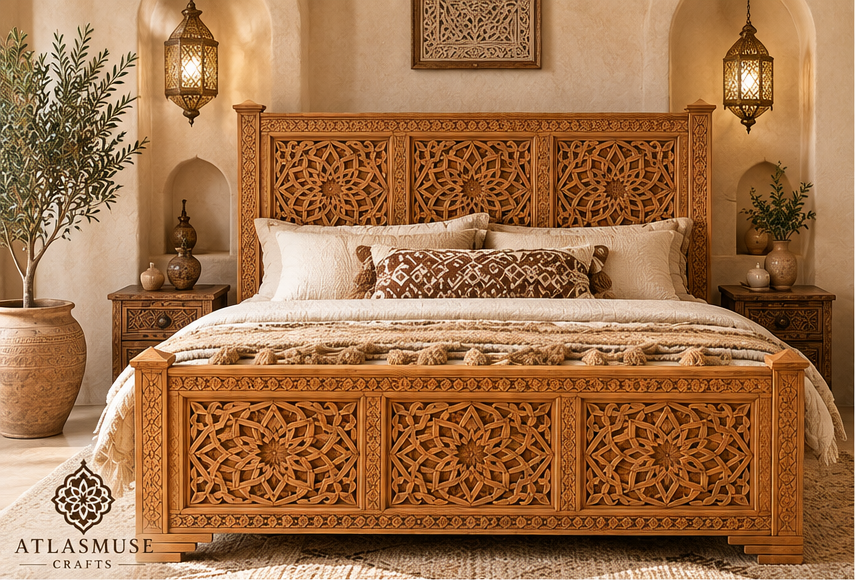 Wood Bed Frame with Carved Headboard – Handmade Moroccan Bed