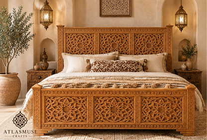 Wood Bed Frame with Carved Headboard – Handmade Moroccan Bed