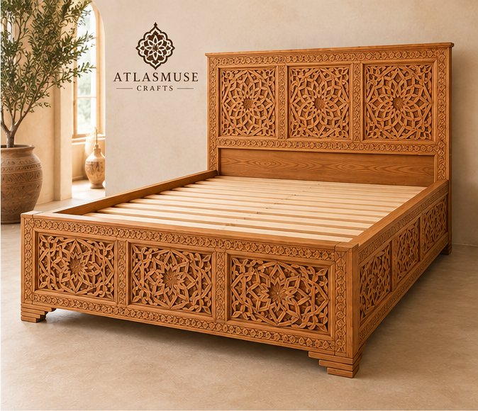 Wood Bed Frame with Carved Headboard