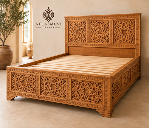 Wood Bed Frame with Carved Headboard