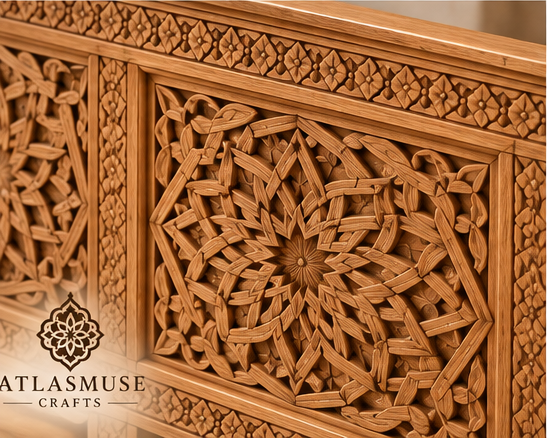 Wood Bed Frame with Carved Headboard – Handmade Moroccan Bed