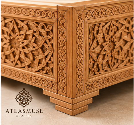 Wood Bed Frame with Carved Headboard – Handmade Moroccan Bed