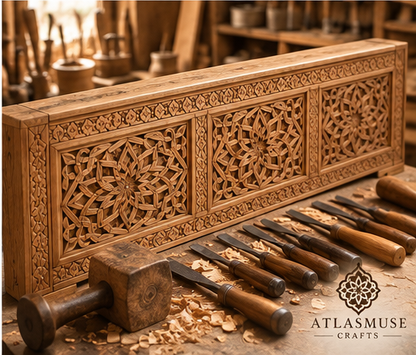 Wood Bed Frame with Carved Headboard – Handmade Moroccan Bed