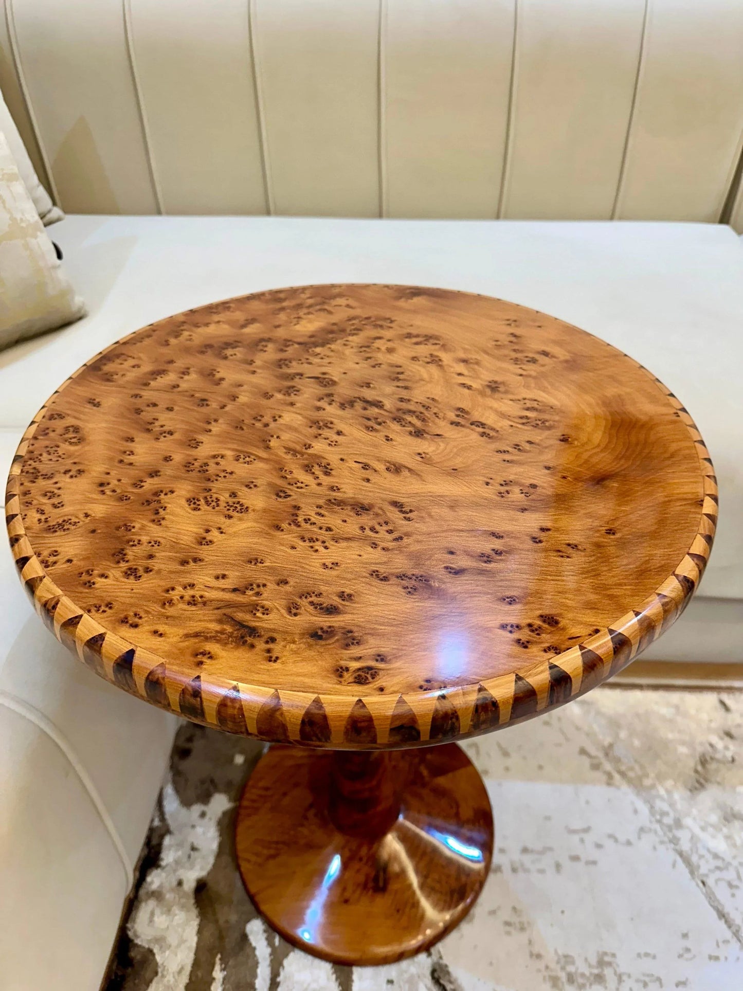Handmade Moroccan Coffee Table – Round Thuya Wood Inlay Side Table - AtlasMuseCrafts
