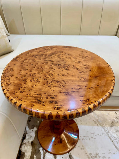 Handmade Moroccan Coffee Table – Round Thuya Wood Inlay Side Table - AtlasMuseCrafts