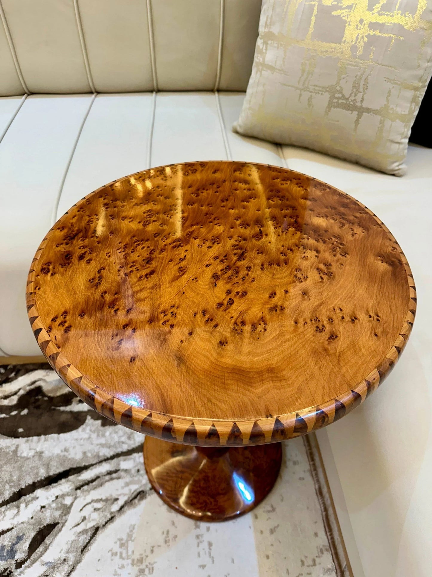 Handmade Moroccan Coffee Table – Round Thuya Wood Inlay Side Table - AtlasMuseCrafts