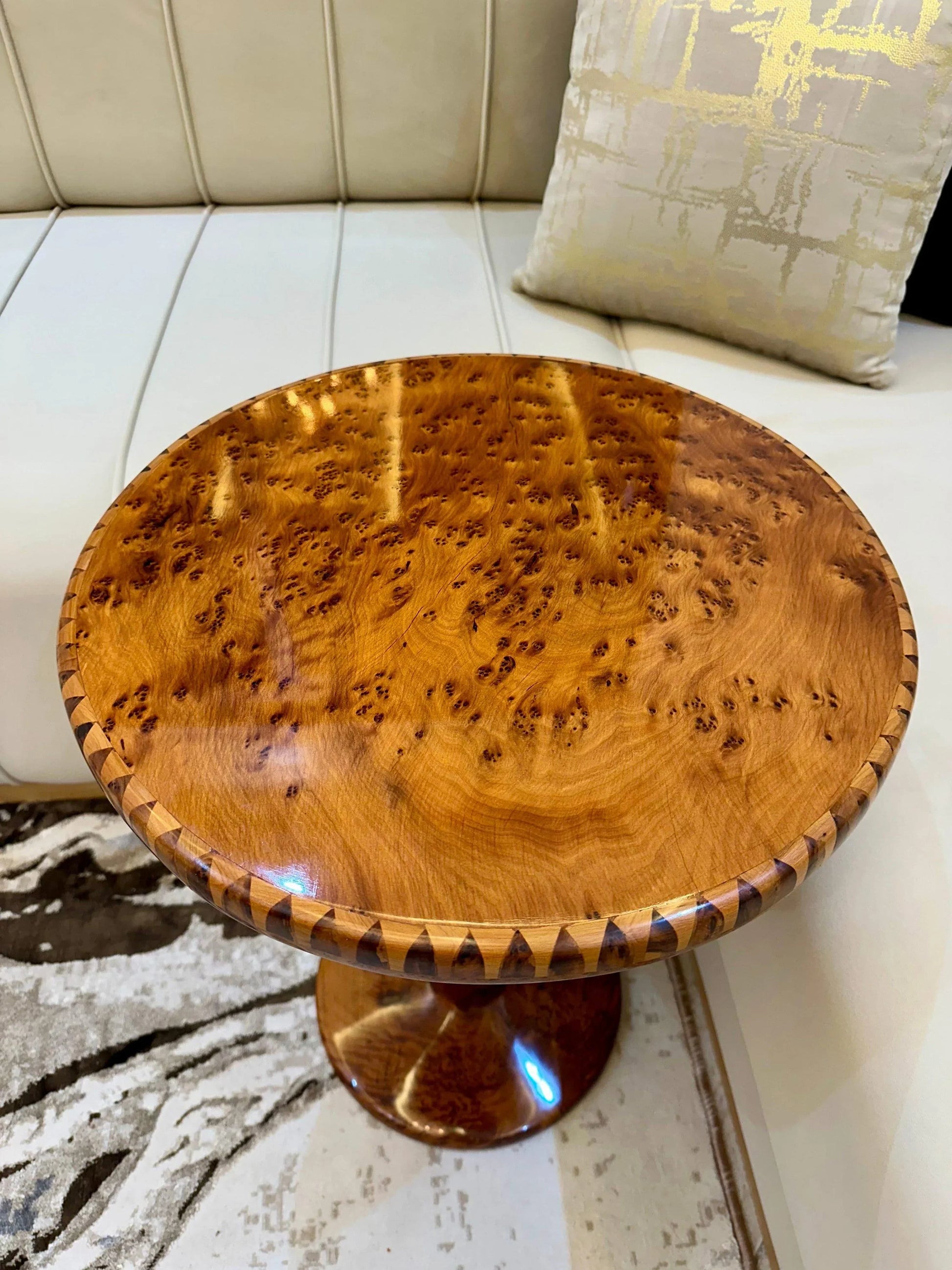 Handmade Moroccan Coffee Table – Round Thuya Wood Inlay Side Table - AtlasMuseCrafts