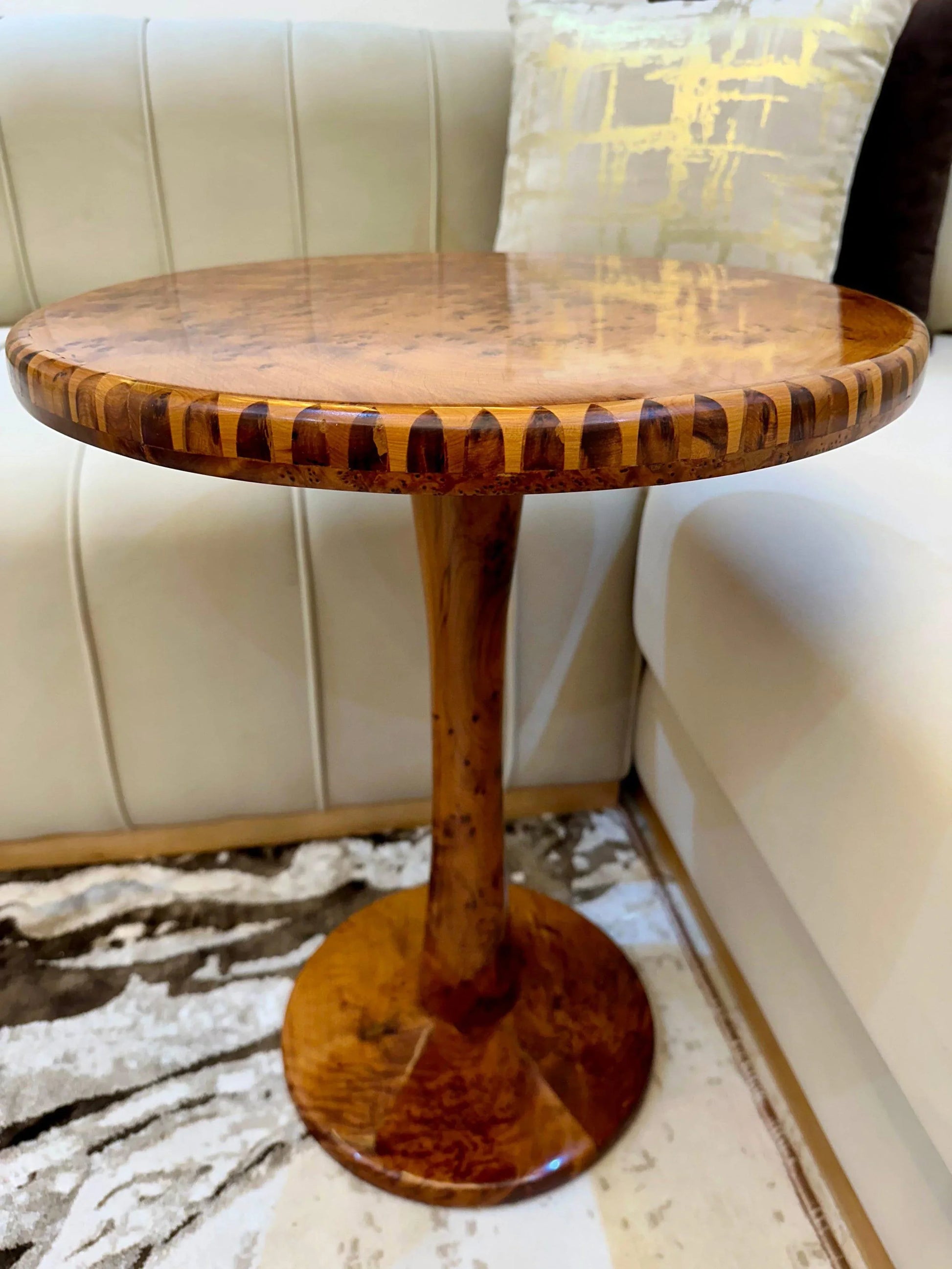 Handmade Moroccan Coffee Table – Round Thuya Wood Inlay Side Table - AtlasMuseCrafts