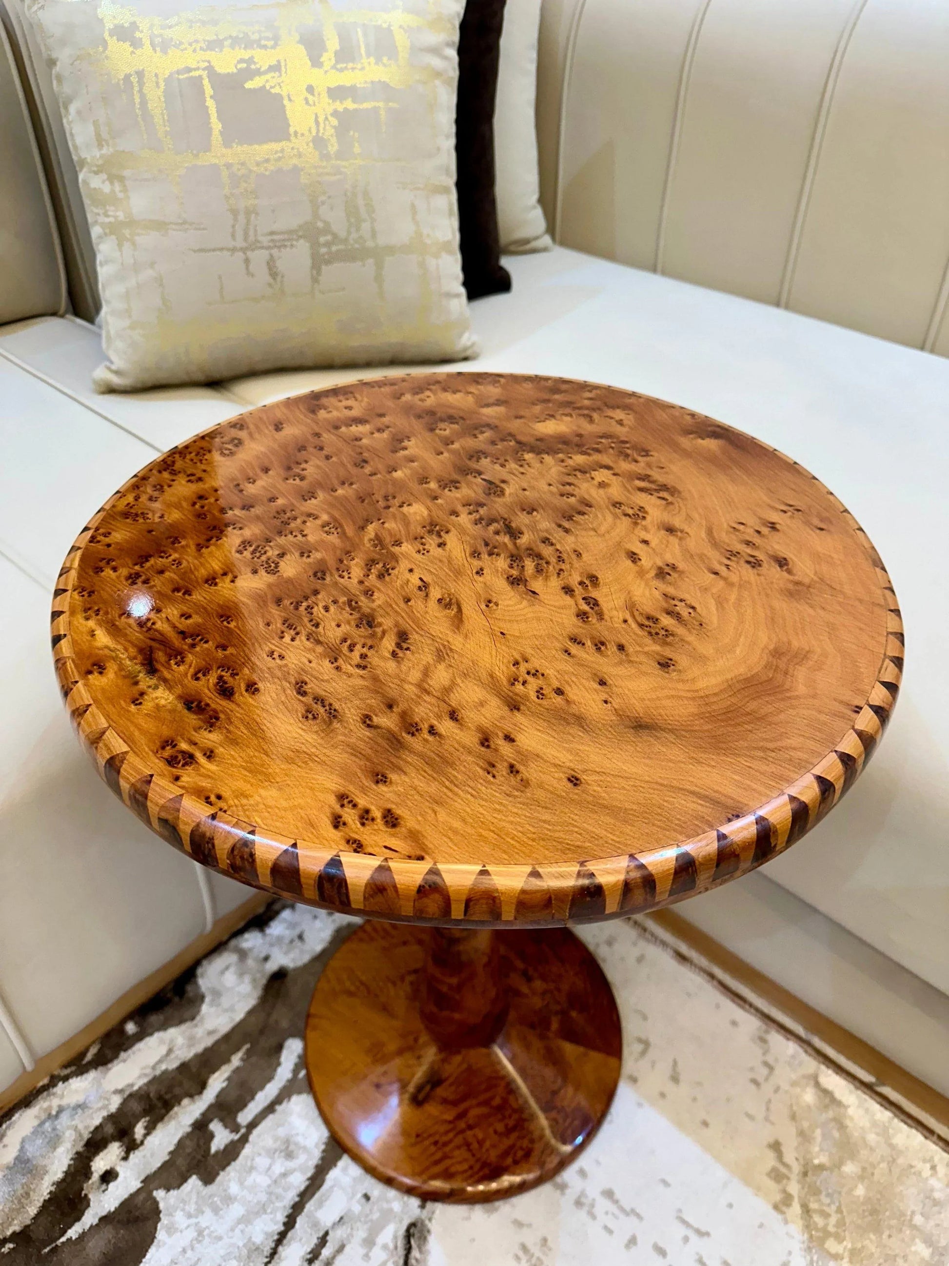 Handmade Moroccan Coffee Table – Round Thuya Wood Inlay Side Table - AtlasMuseCrafts