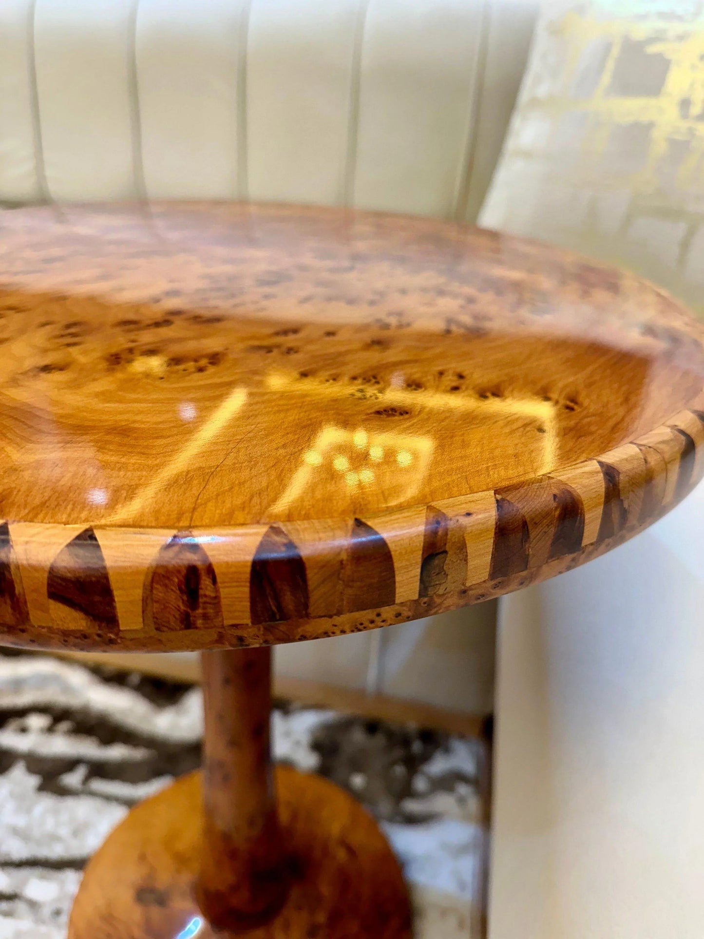 Handmade Moroccan Coffee Table – Round Thuya Wood Inlay Side Table - AtlasMuseCrafts