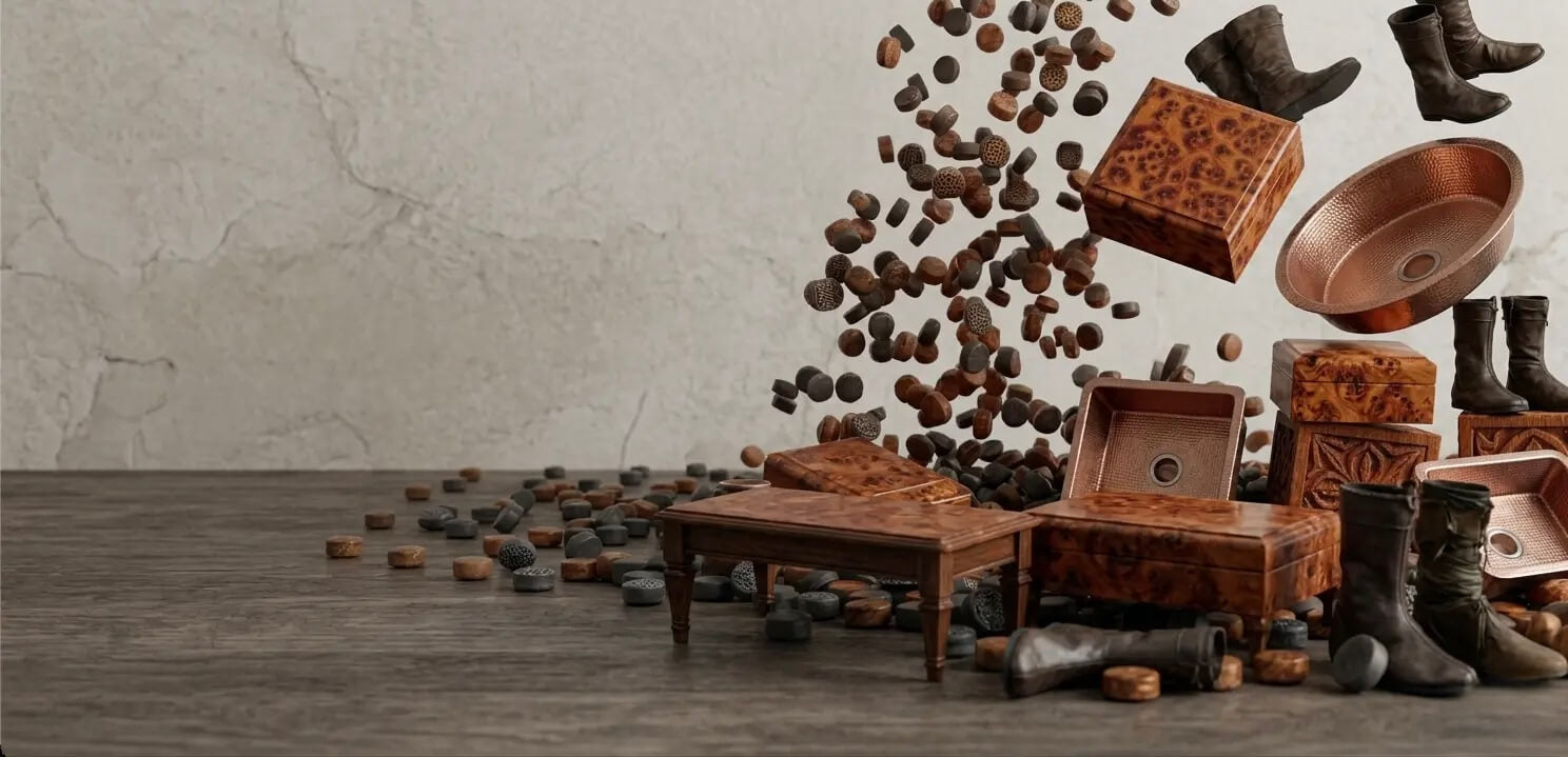 Thuya Wood Boxes · Copper Vessel Sinks · Medieval Leather Boots · Mosaic Tables