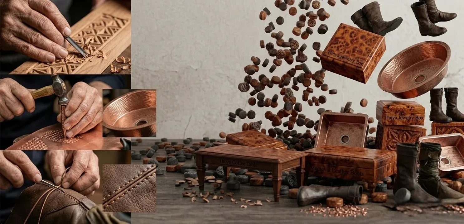 Collage of wooden products, leather work, and scattered wooden pieces on a textured surface.