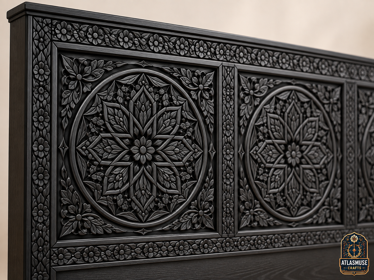Black Wood Bed Frame – Hand-Carved Moroccan Solid Wood Bed