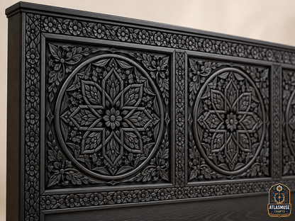 Black Wood Bed Frame – Hand-Carved Moroccan Solid Wood Bed