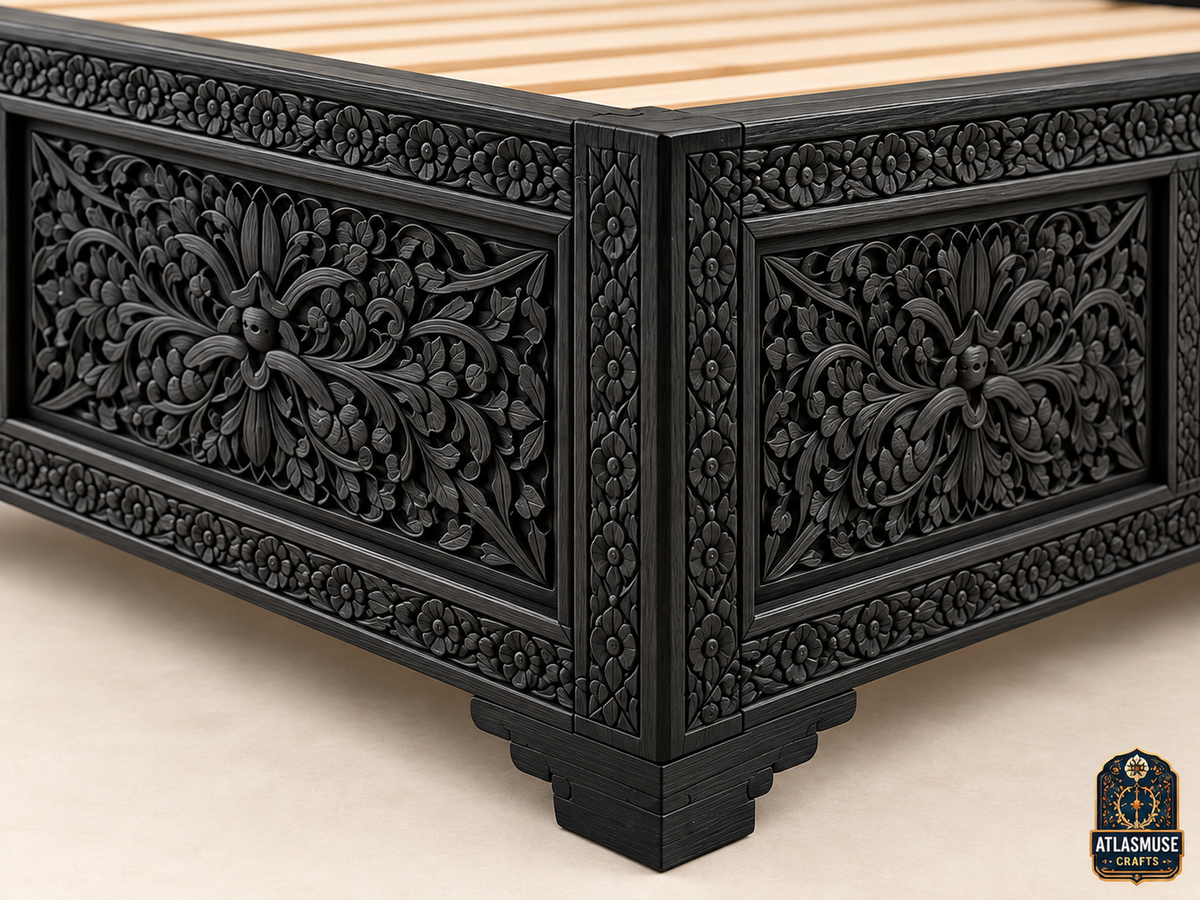 Black Wood Bed Frame – Hand-Carved Moroccan Solid Wood Bed