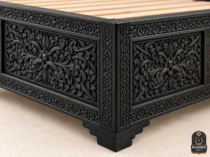 Black Wood Bed Frame – Hand-Carved Moroccan Solid Wood Bed