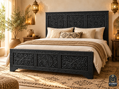 Black Wood Bed Frame – Hand-Carved Moroccan Solid Wood Bed