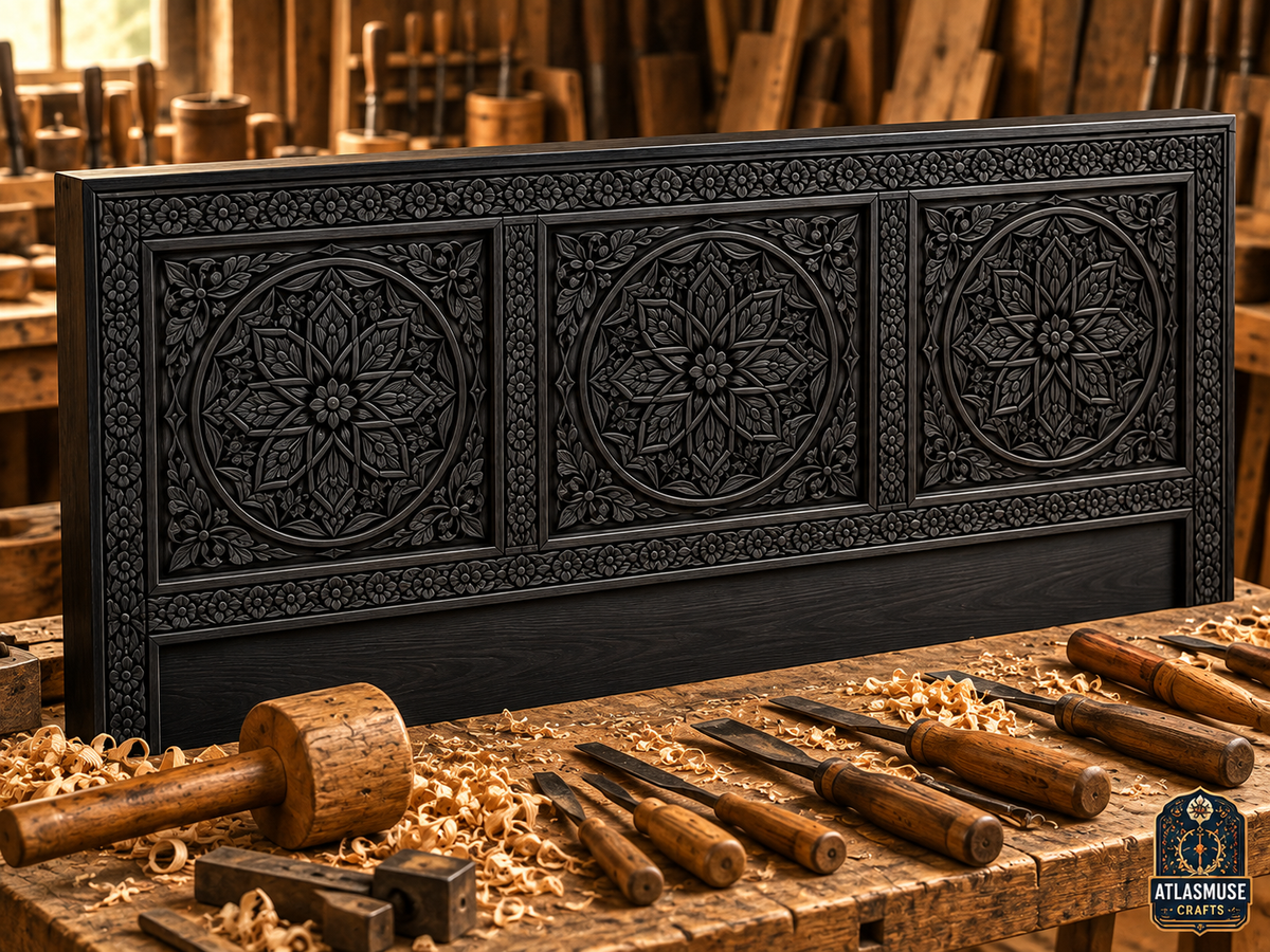 Black Wood Bed Frame – Hand-Carved Moroccan Solid Wood Bed