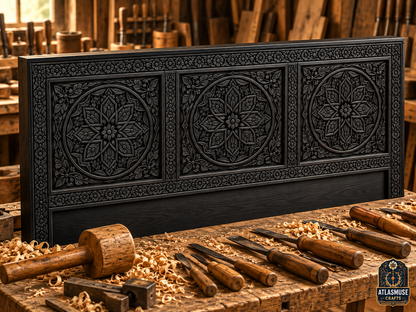 Black Wood Bed Frame – Hand-Carved Moroccan Solid Wood Bed