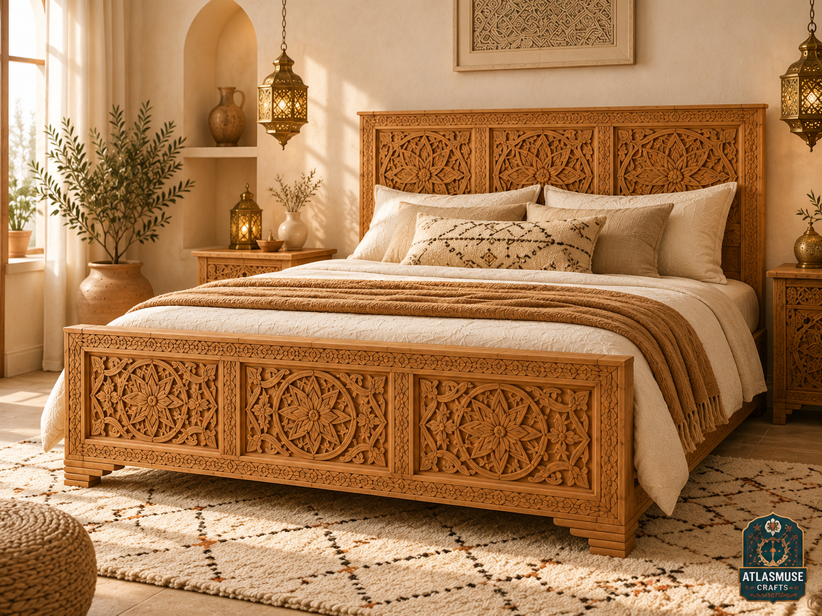 Wood Platform Bed Frame – Handmade Moroccan Solid Wood Bed