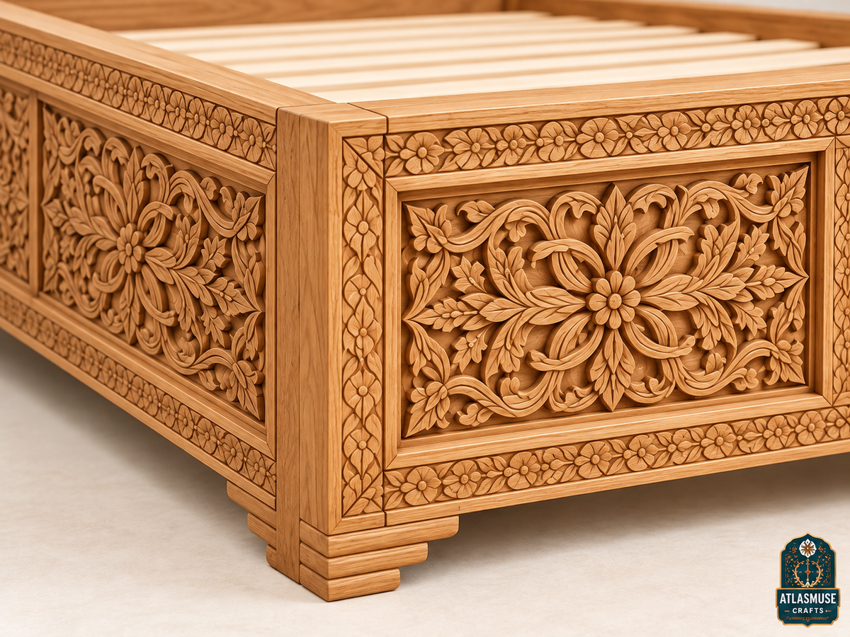 Moroccan Bed Frame – Hand-Carved Solid Wood Bed